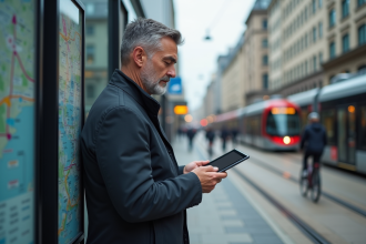 Homme d'âge moyen avec tablette devant un tram urbain