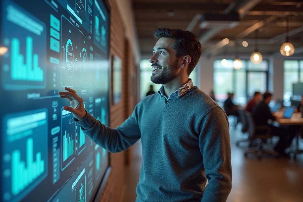 Jeune homme expliquant un système digital dans un espace de coworking