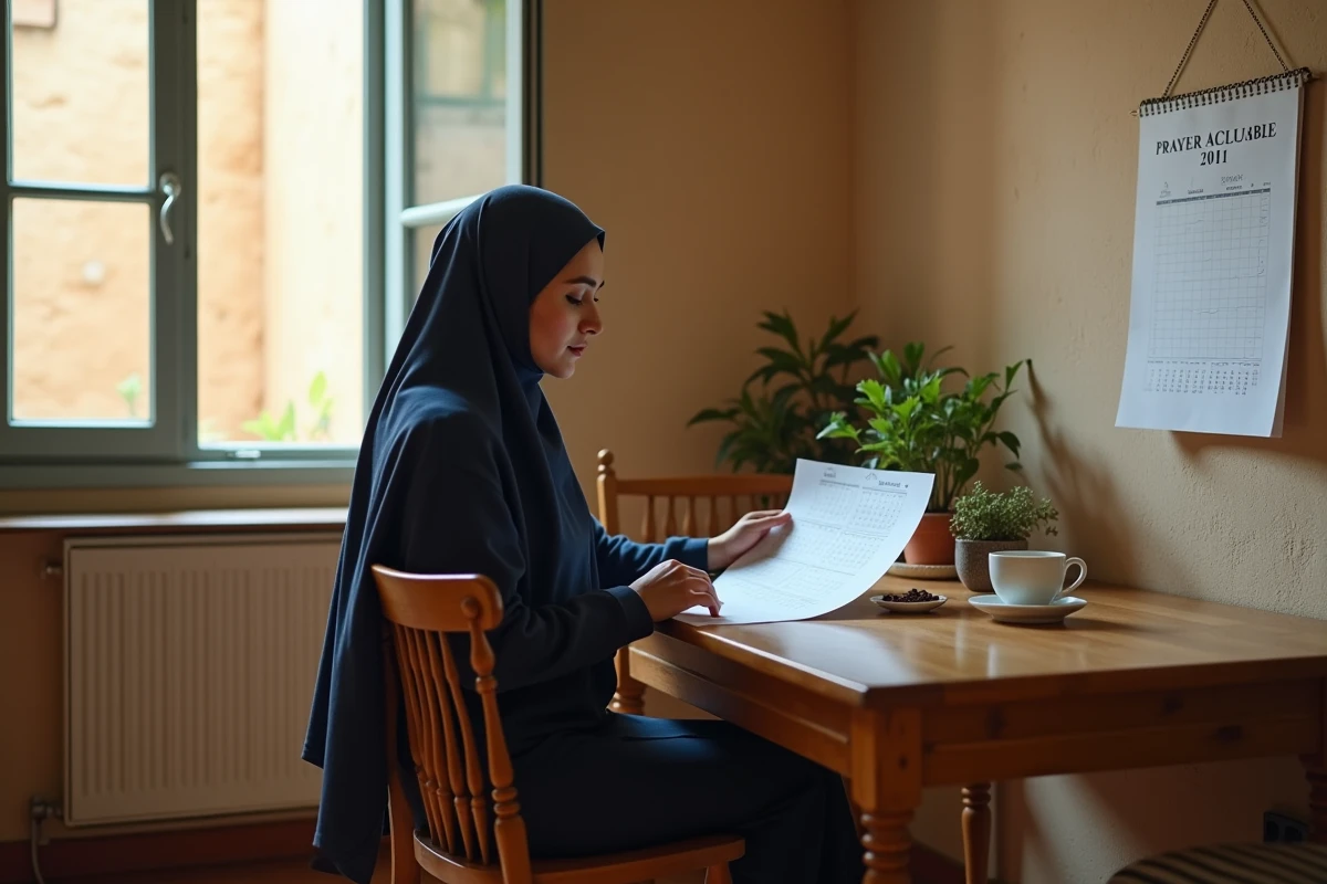 Femme consultant un calendrier des horaires de prière dans un appartement traditionnel à Nîmes