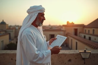Homme consultant les horaires de prière à Nîmes avec vue sur les toits de la ville au crépuscule