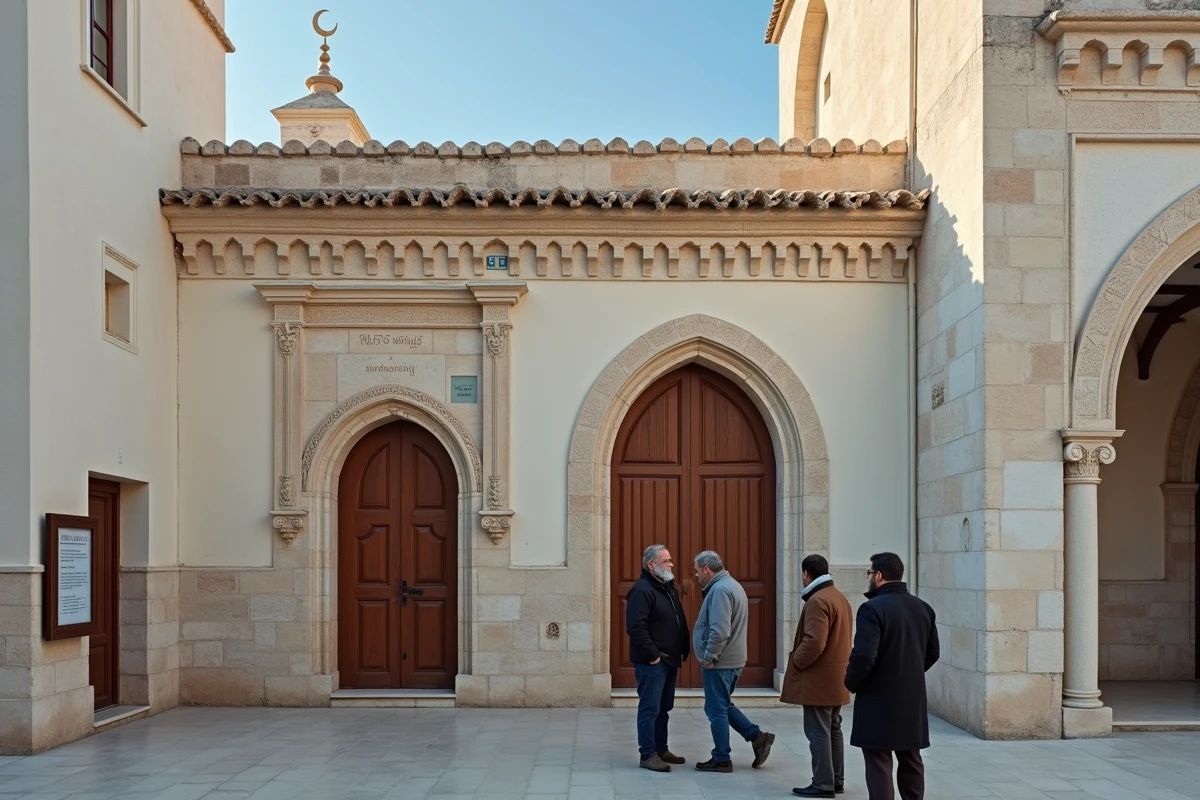 Façade d'une mosquée à Nîmes avec tableau des horaires de prière et fidèles en discussion matinale