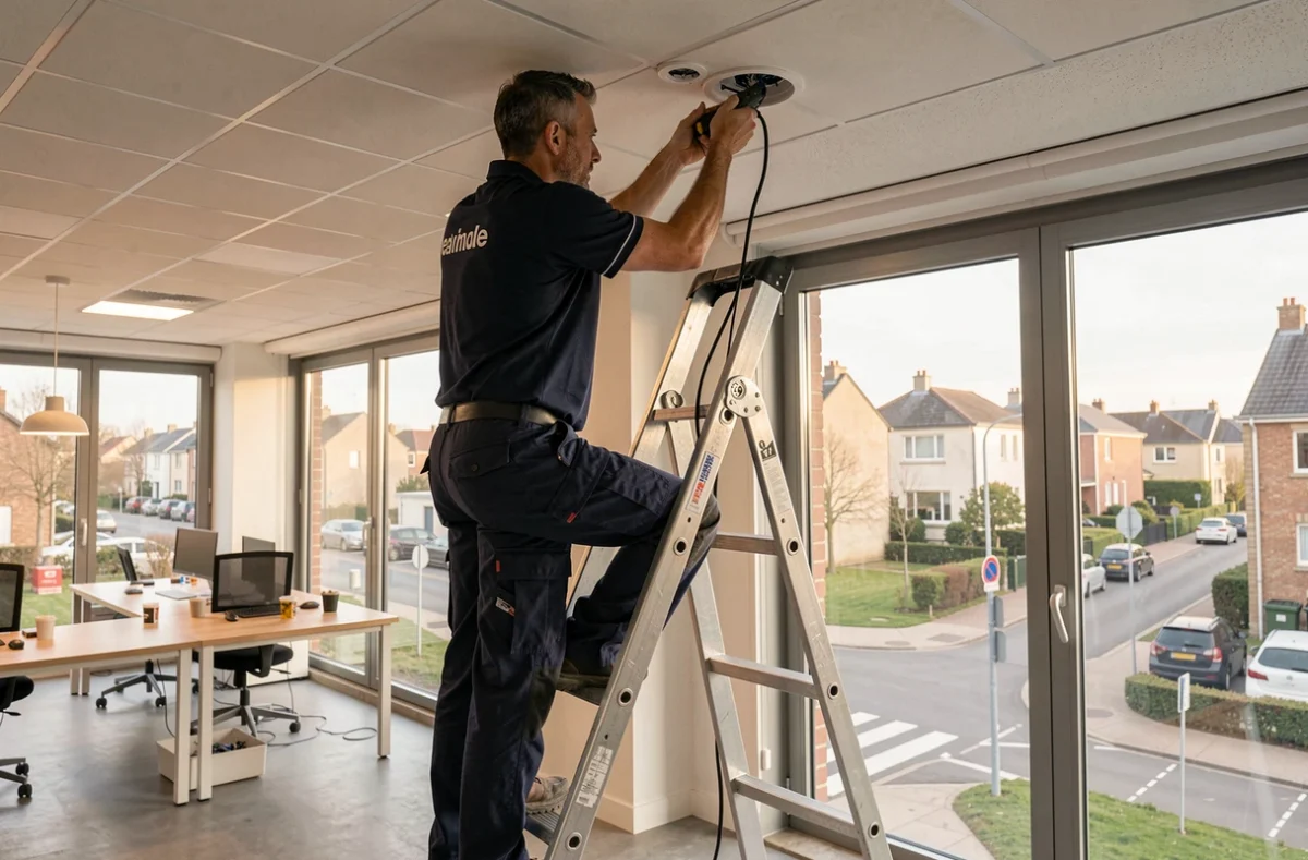 Électricien IBE installant une prise électrique en hauteur dans un local commercial à Sartrouville