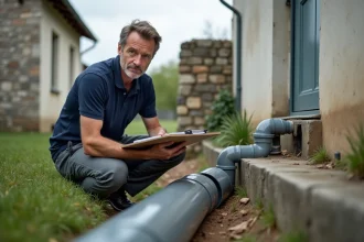 Inspecteur vérificateur examinant la séparation des réseaux d'eaux usées et eaux pluviales d'une maison individuelle