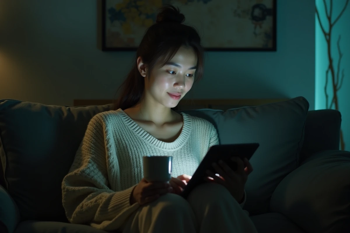 Jeune adulte naviguant discrètement sur une tablette à la recherche d'une plateforme de chat anonyme alternative en 2026