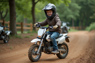Jeune garçon sur une mini moto tout-terrain en extérieur