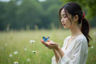 Jeune femme contemplant un papillon bleu dans un champ