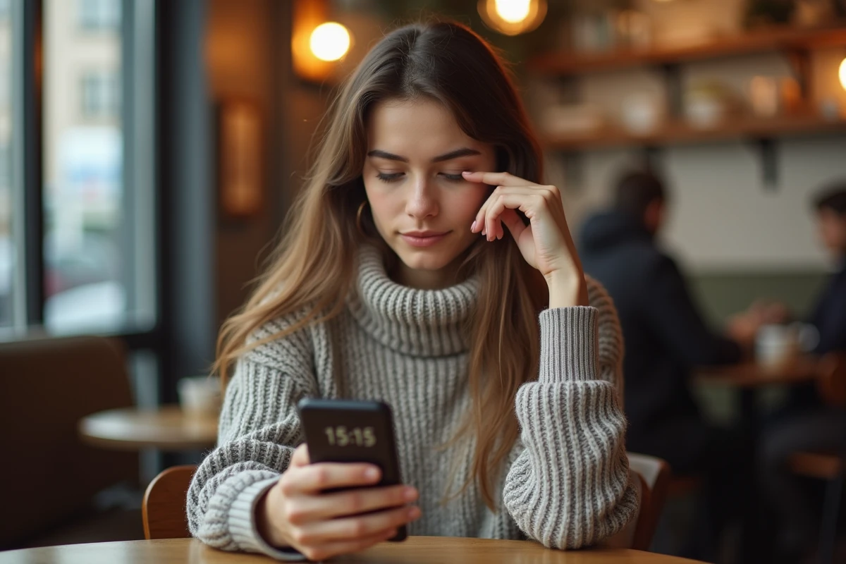 Jeune femme assise au café vérifiant son téléphone