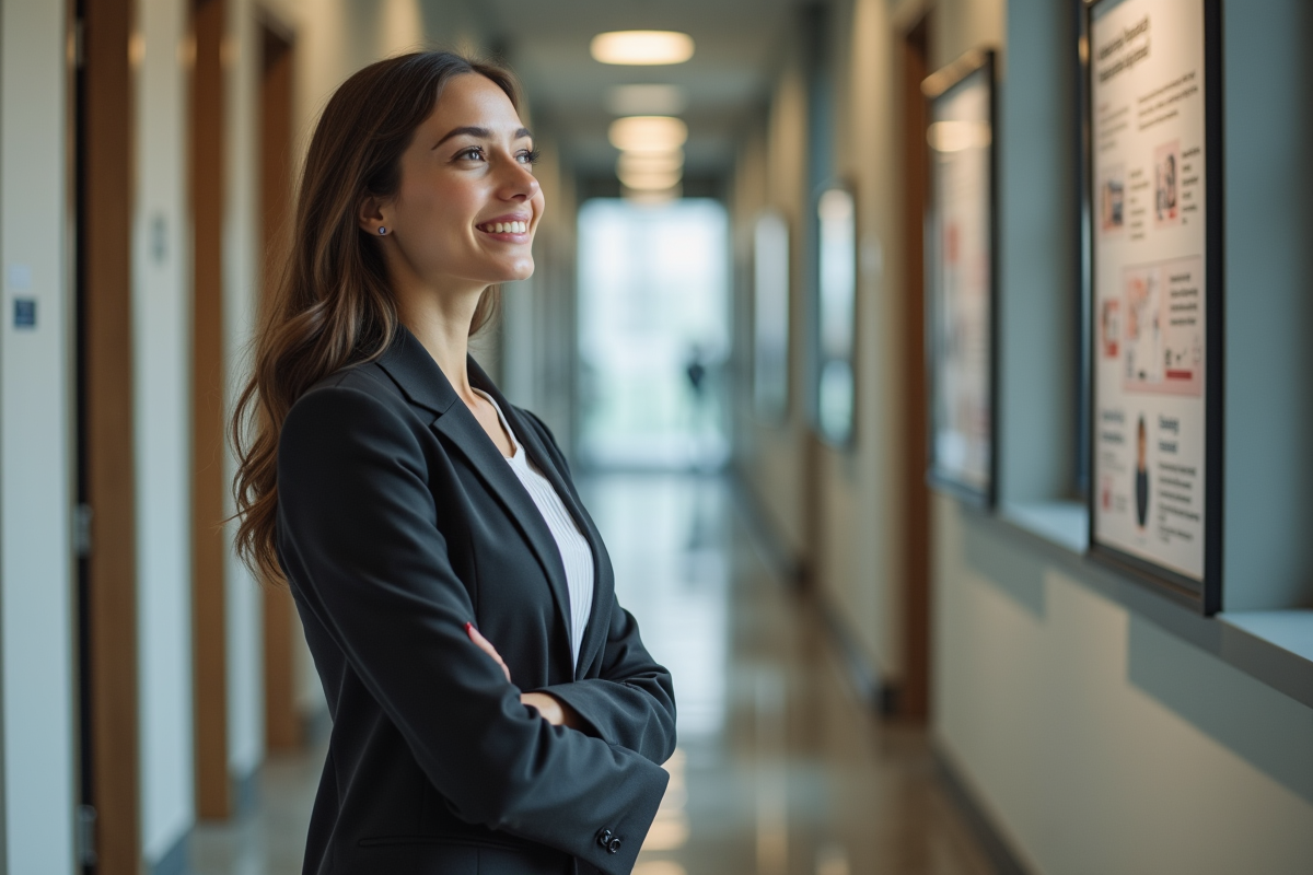 Jeune femme souriante dans un couloir professionnel