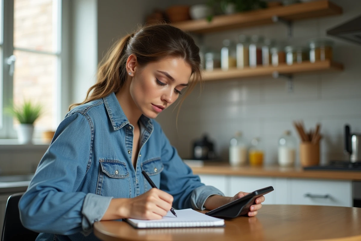 Jeune femme convertissant des mètres cubes en litres dans une cuisine lumineuse