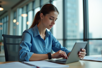 Jeune femme observant des données sur une tablette avec capteur GSR