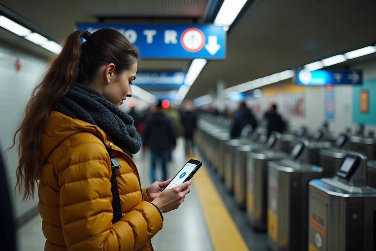 Jeune femme utilisant une application smartphone pour lire le plan numérique du RER à l'entrée d'une station parisienne