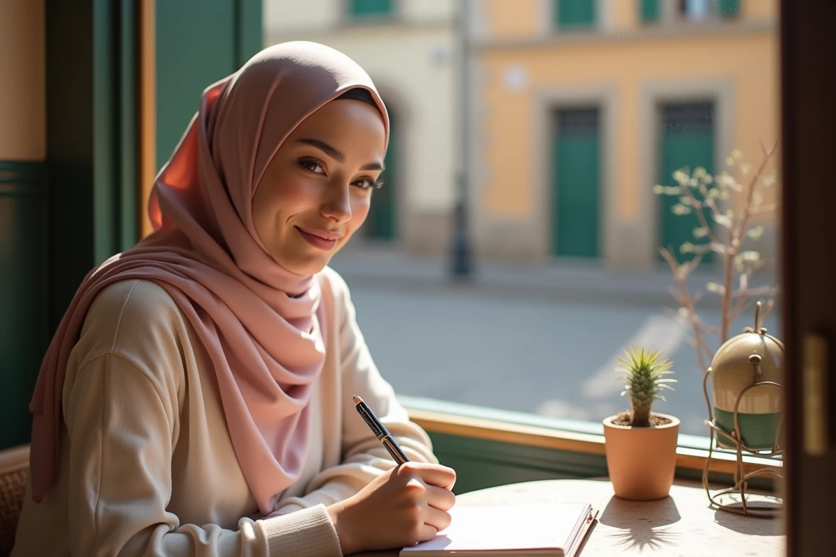 Jeune femme musulmane priant dans un café à Béziers