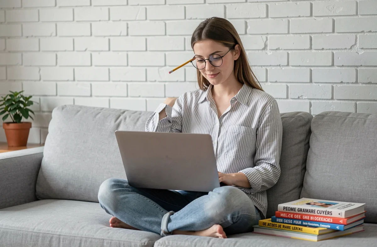 Jeune femme avec des lunettes révisant un quiz d'orthographe française sur son ordinateur portable dans un appartement moderne