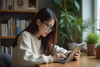 Jeune femme lisant un manga sur une tablette dans un appartement