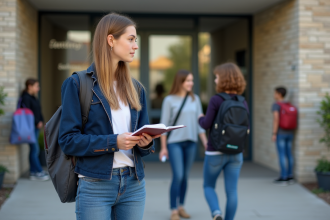 Jeune fille au lycée français avec carnet devant l'entrée