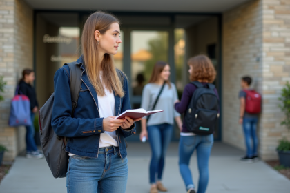 Jeune fille au lycée français avec carnet devant l'entrée