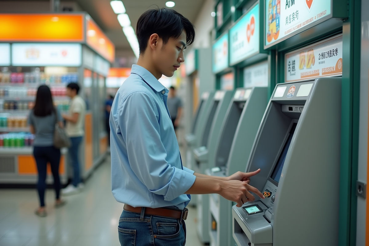 Jeune homme utilisant un distributeur automatique au Japon