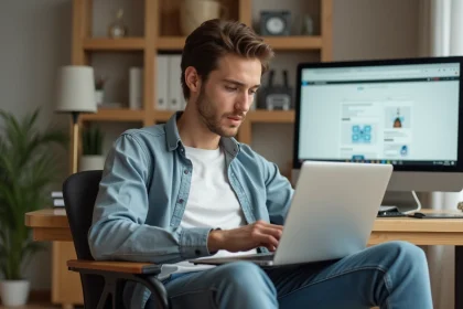 Jeune homme en home office utilisant un ordinateur portable