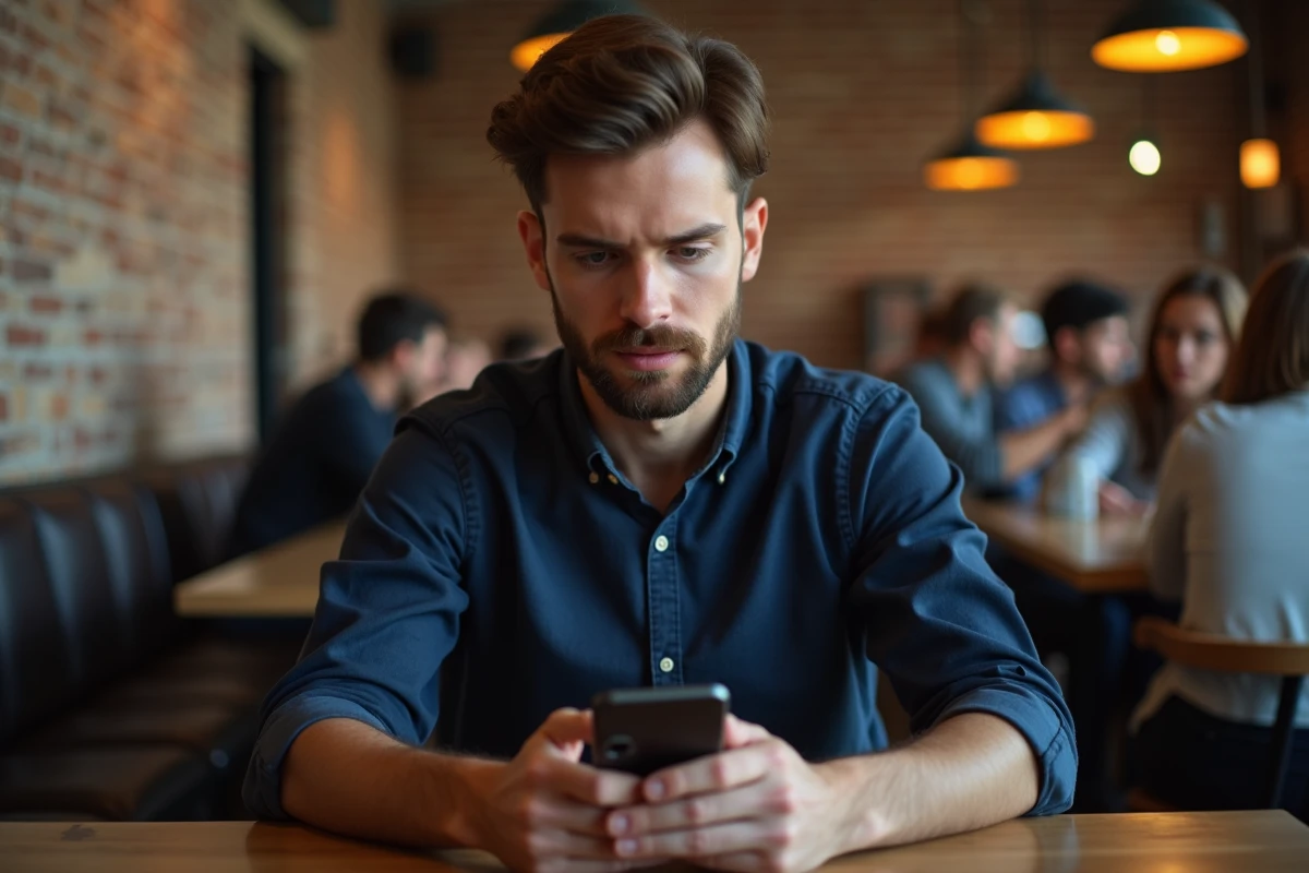 Jeune homme au café regardant son téléphone avec suspicion