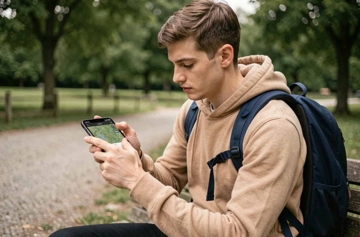Jeune homme étudiant une carte GPS sur son smartphone assis dans un parc