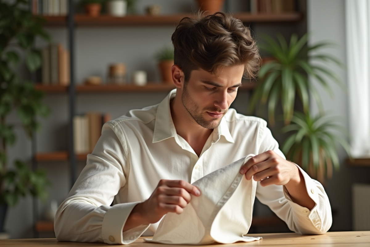 Jeune homme examinant une chemise en lin à la maison