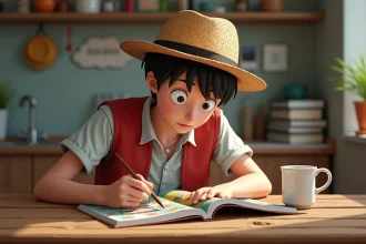 Jeune homme lisant manga dans la cuisine avec chapeau en paille