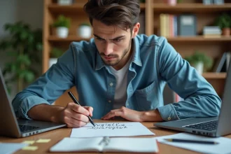 Jeune homme en bureau curieux avec notes et ordinateur