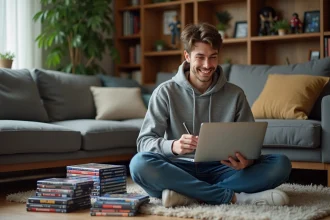 Jeune homme organise sa collection Marvel dans un salon cosy