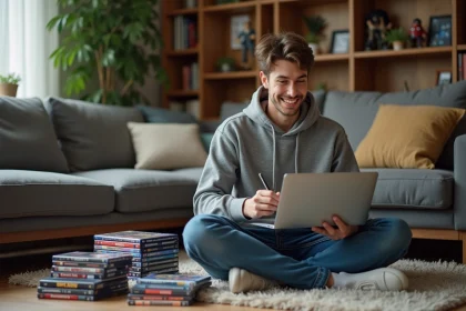 Jeune homme organise sa collection Marvel dans un salon cosy