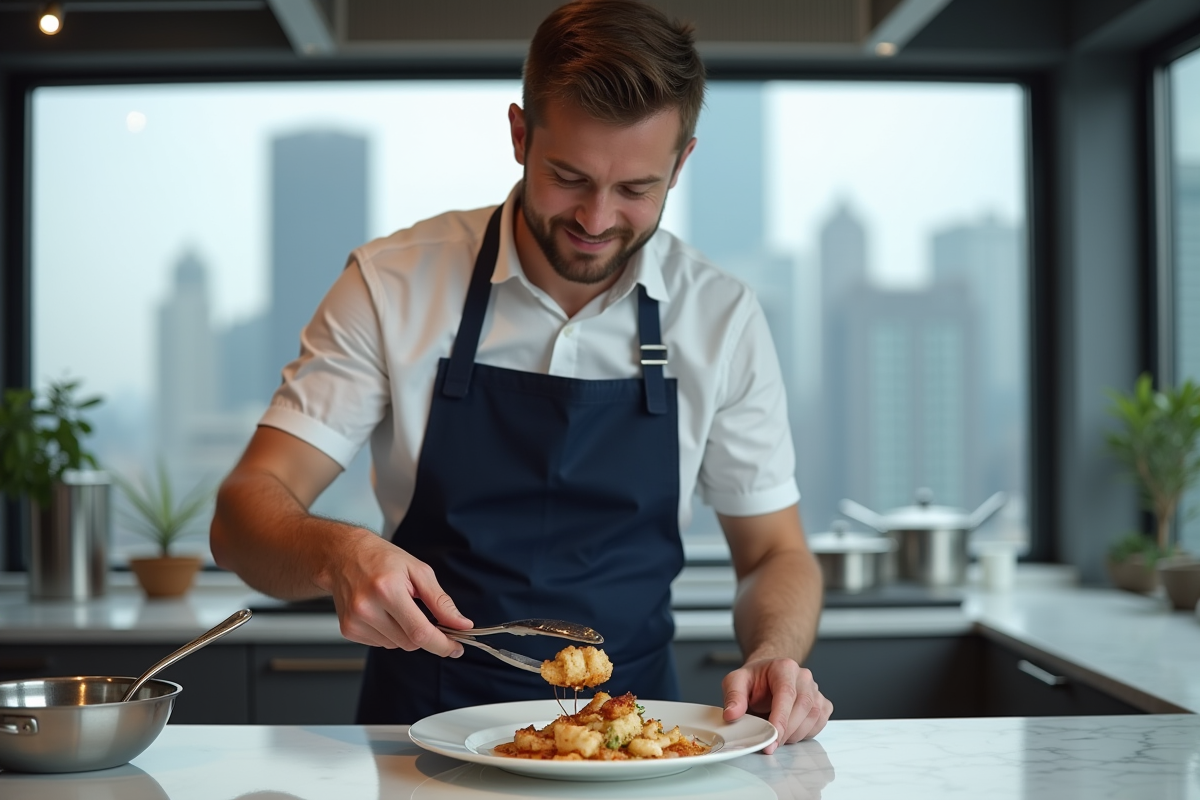 Jeune homme en tablier marine dresse du calmar dans une cuisine moderne