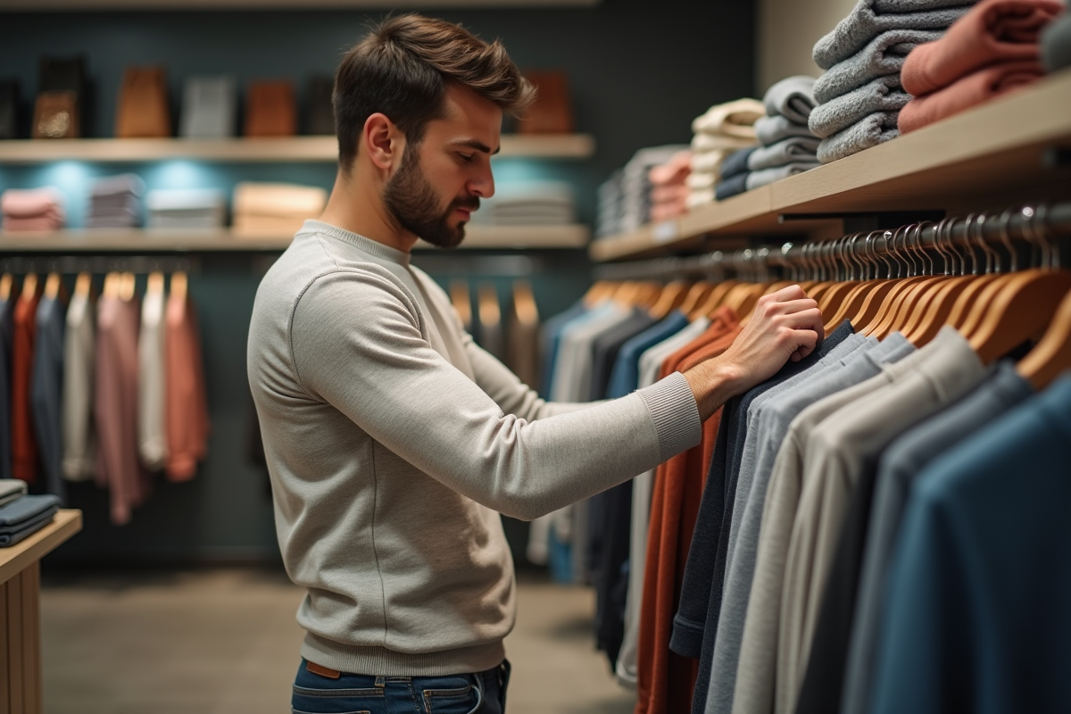 Jeune homme inspectant un pull en magasin moderne