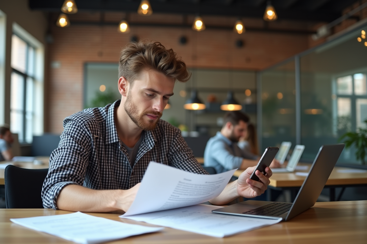 Jeune homme traduisant un document dans un espace de coworking