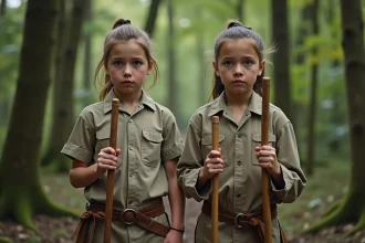 Jeune garçon et fille en tenue de formation dans la forêt