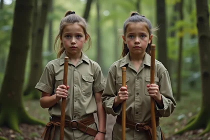 Jeune garçon et fille en tenue de formation dans la forêt