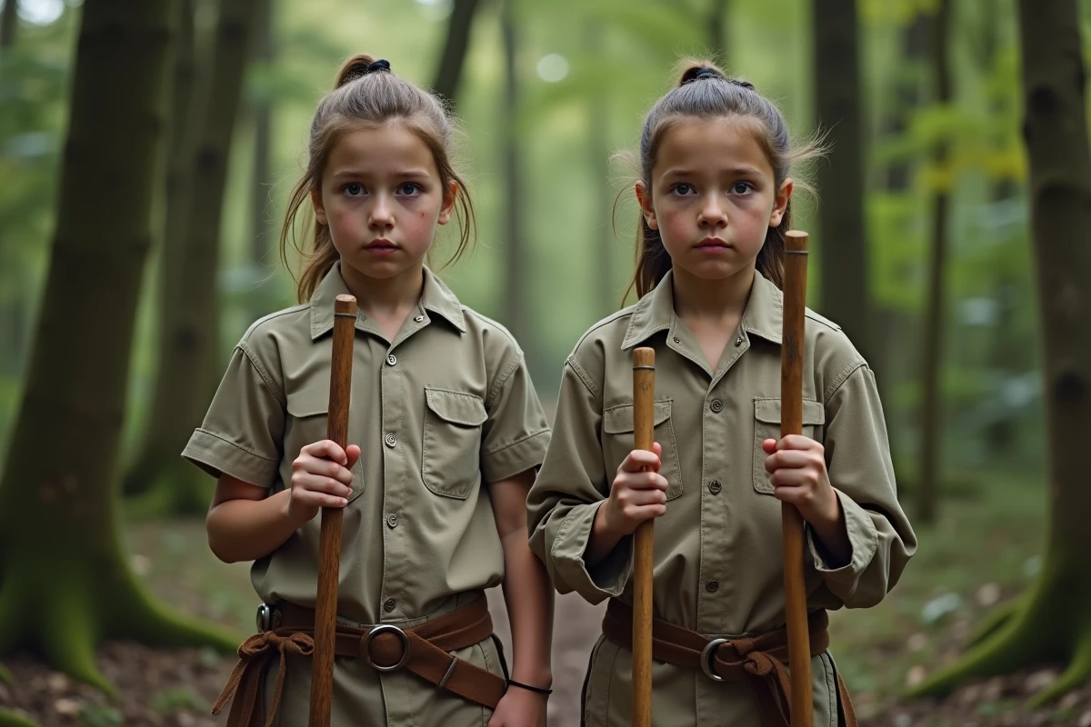 Jeune garçon et fille en tenue de formation dans la forêt