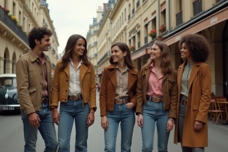 Groupe de jeunes adultes dans la rue parisienne années 70