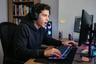 Joueur de League of Legends concentré en train de shotcall sur son setup gaming multi-écrans avec casque et micro