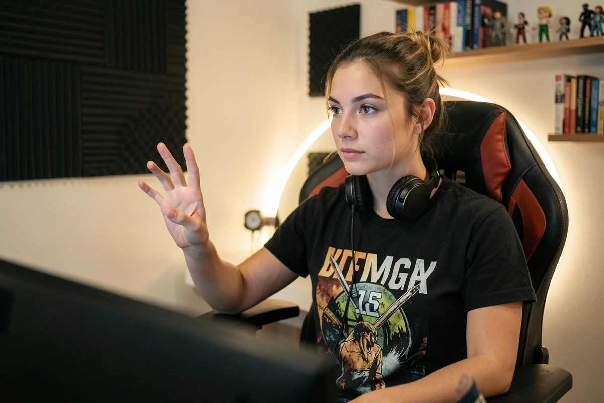 Joueuse de League of Legends donnant des callouts à son équipe depuis sa chaise gaming dans sa chambre