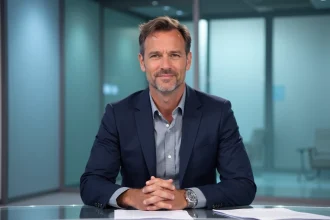 Journaliste français célèbre assis derrière un bureau de plateau télévision moderne avec microphone, regard confiant face caméra