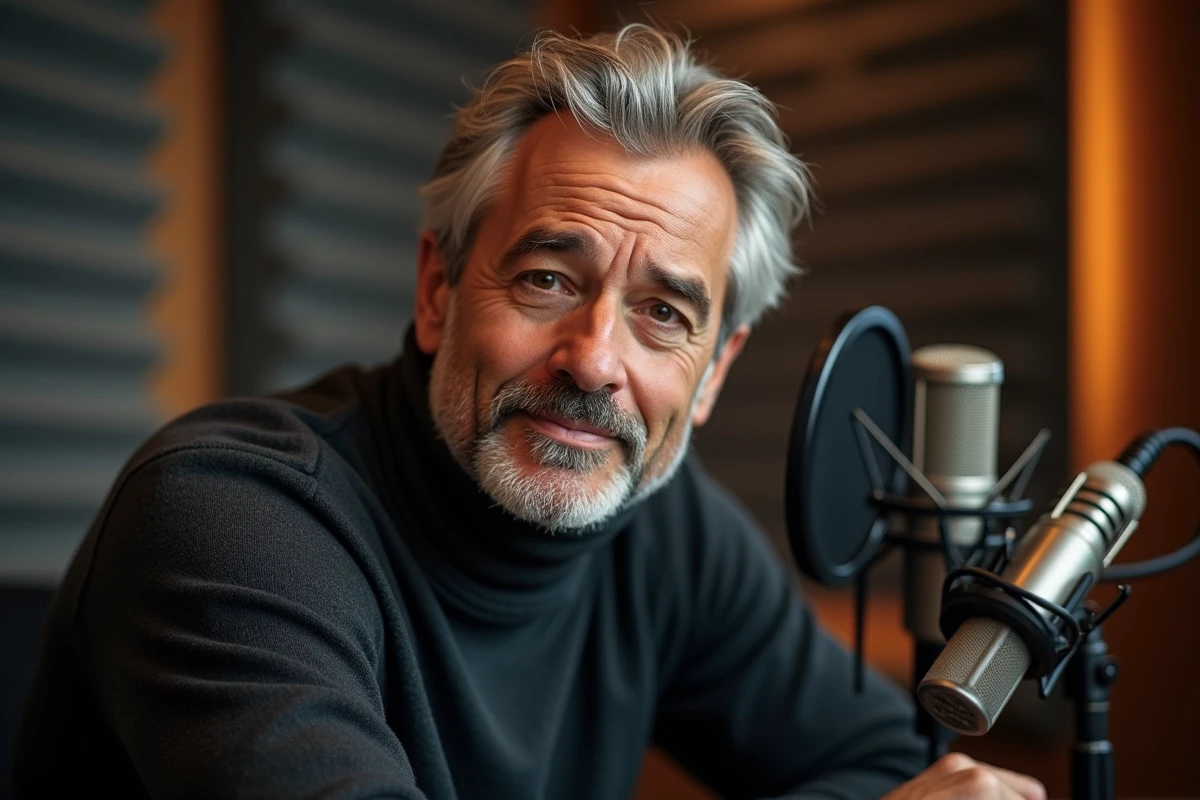Journaliste radio français reconnu en studio d'enregistrement avec microphone vintage, expression animée et professionnelle