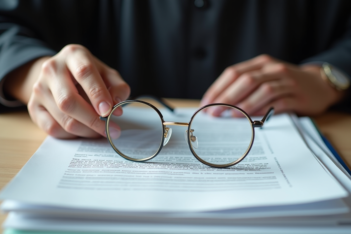 Main de juge avec lunettes sur documents juridiques
