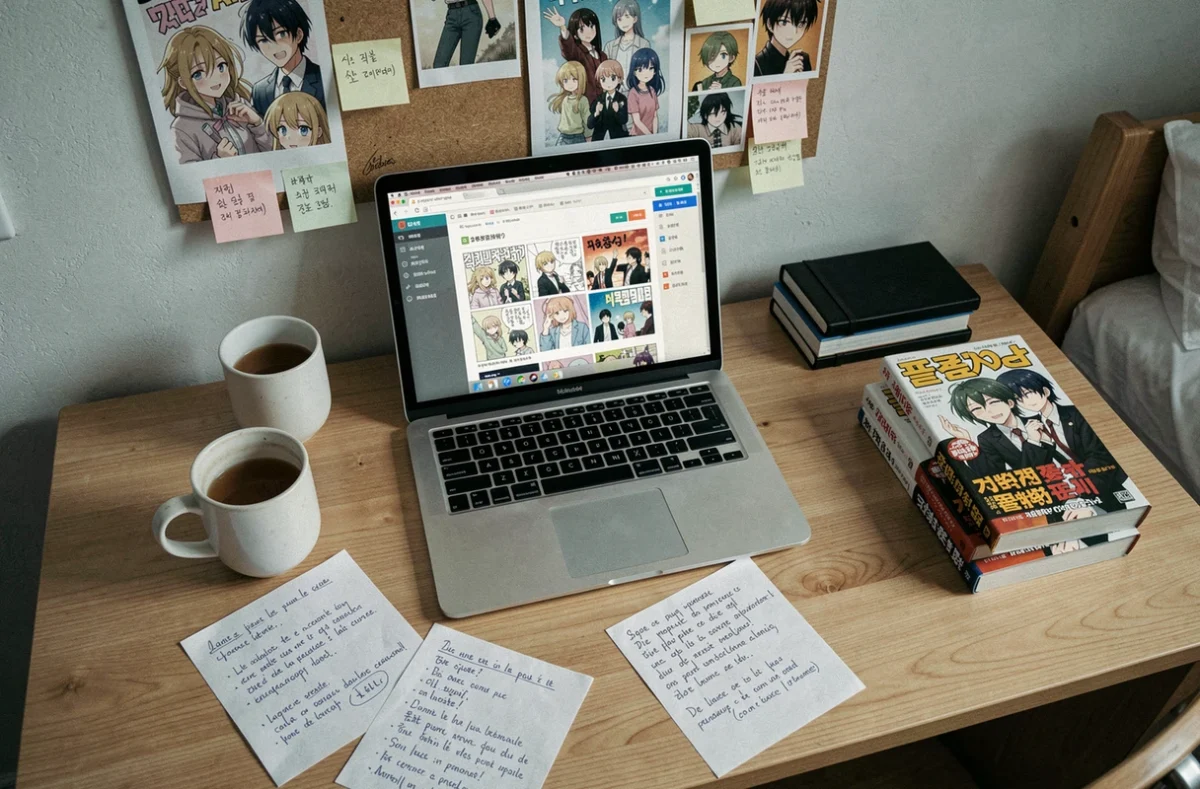 Bureau d'étudiant avec webtoon ouvert sur ordinateur et notes en français, ambiance lecture de manhwa Just Friend