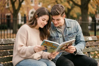 Deux jeunes adultes lisant un webtoon ensemble sur un banc de parc en automne, illustrant l'amitié et la lecture de manhwa