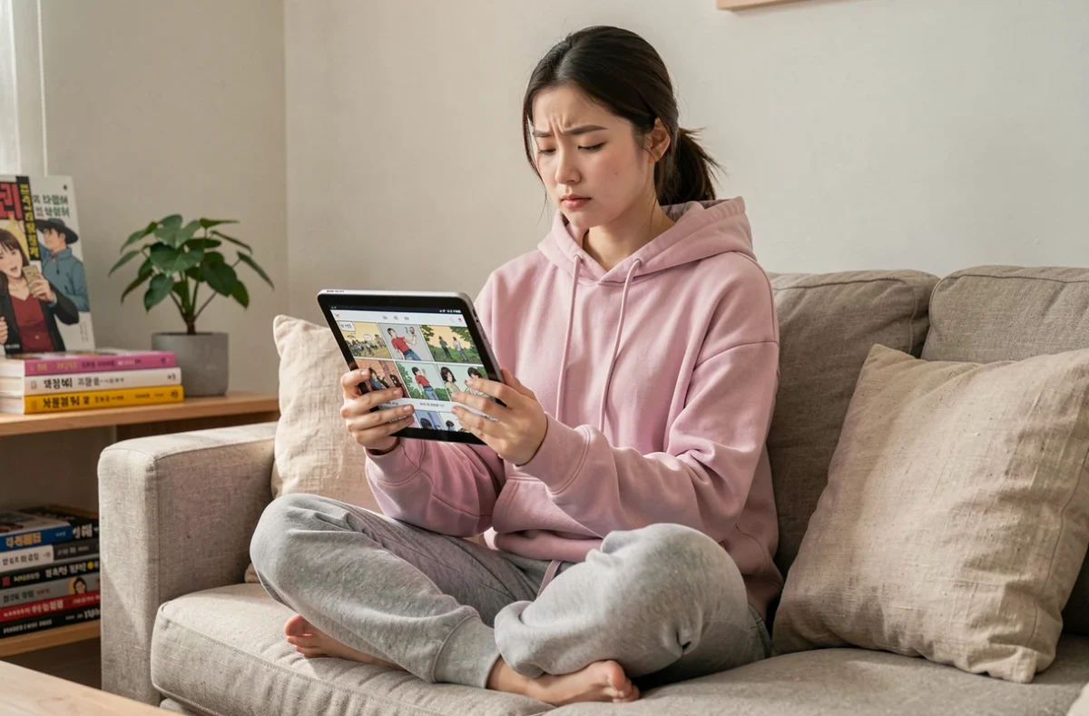 Jeune femme lisant un webtoon romantique sur tablette chez elle, illustrant la lecture de Just Friend en version française