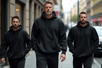 Lacrim en taille réelle comparé à ses gardes du corps imposants dans une rue urbaine européenne