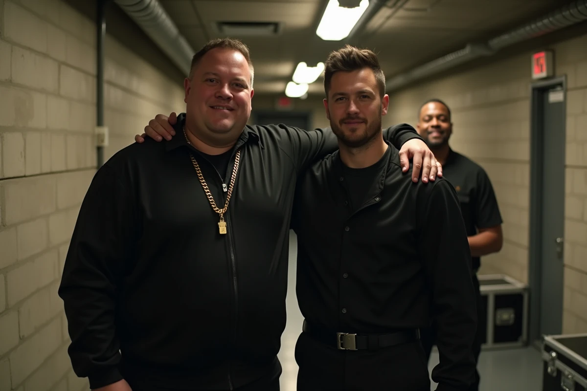Lacrim en coulisses comparant sa taille avec un grand garde du corps et un proche plus petit