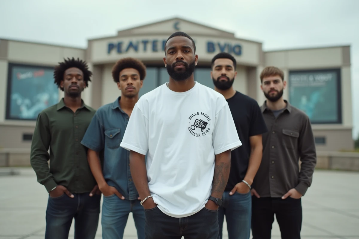 Rappeur français Lacrim entouré de son équipe montrant les différences de taille en extérieur