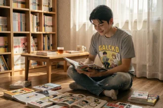 Fan de manga lisant le chapitre One Piece 1139 entouré de volumes manga sur un parquet en bois
