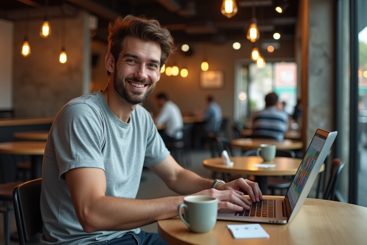 Jeune homme consultant un site de webtoon sur son ordinateur portable dans un café urbain tendance