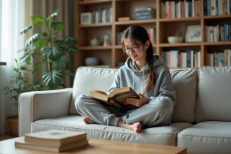 Jeune femme lisant un manga sur son canapé dans un appartement cosy, illustrant la lecture de Just Friends en version française